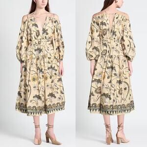 ULLA JOHNSON Tahlia Cold Shoulder Midi Dress Lemonbalm V-Neck Size 0 Preowned
